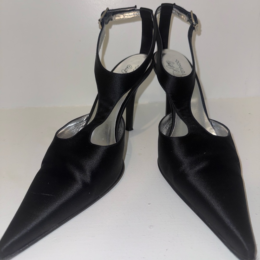 Donald J. Pliner Black Satin T-Strap Pointed Pumps - Picture 6 of 6